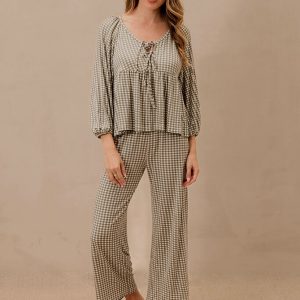Green Gingham Tie-Top Long-Sleeve Women's Sleep Set