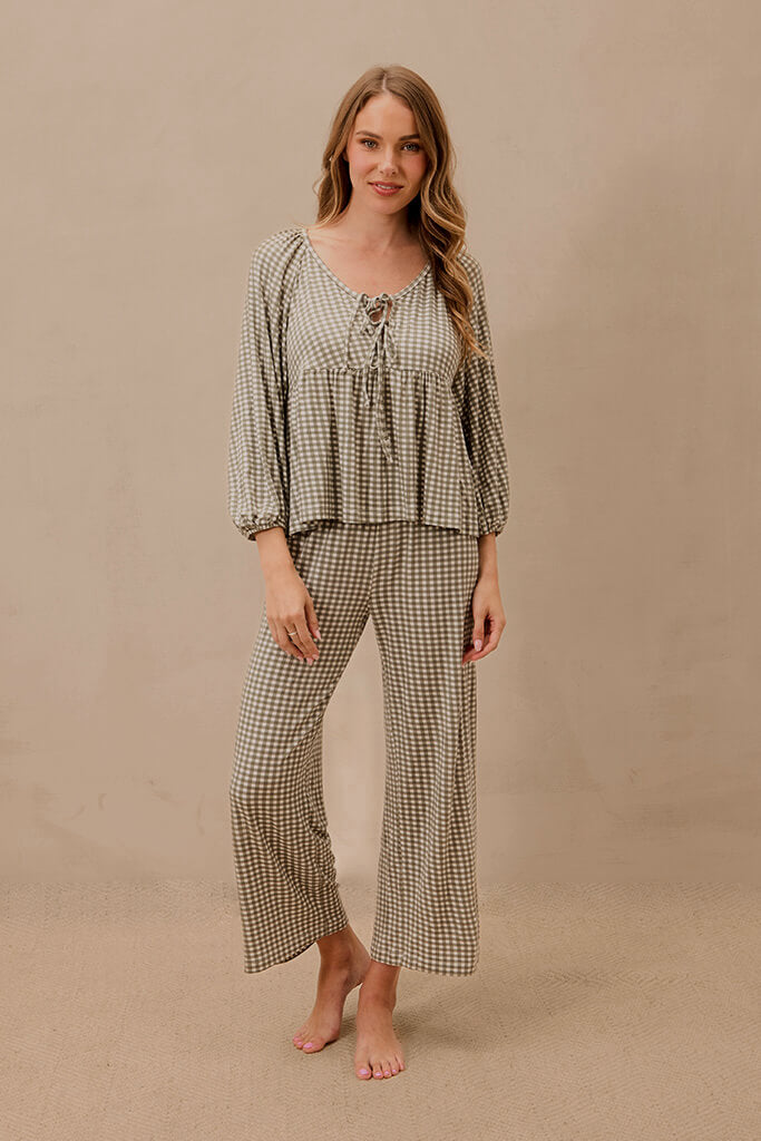 Green Gingham Tie-Top Long-Sleeve Women's Sleep Set