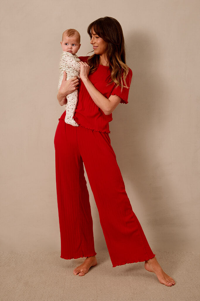 Red Pointelle Short-Sleeve Women's Sleep Set