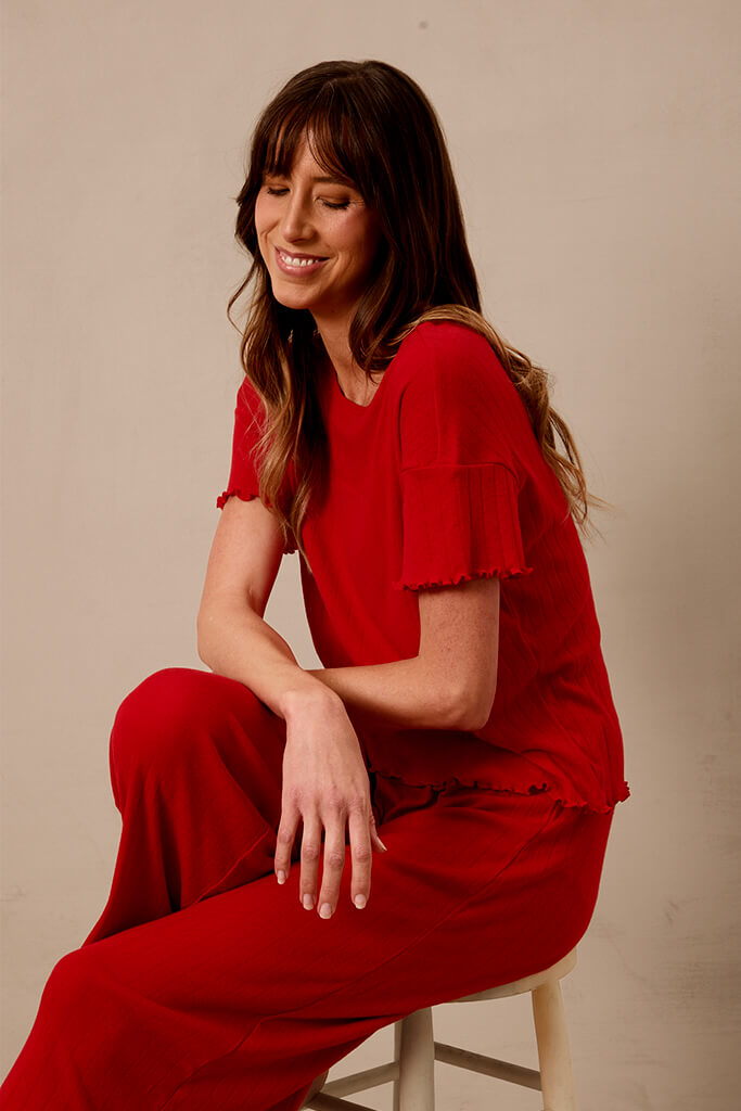 Red Pointelle Short-Sleeve Women's Sleep Set - Image 5