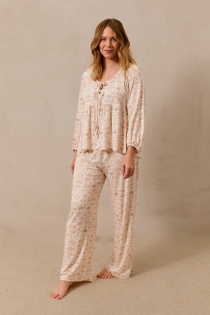 Rose Toile Tie-Top Long-Sleeve Women's Sleep Set