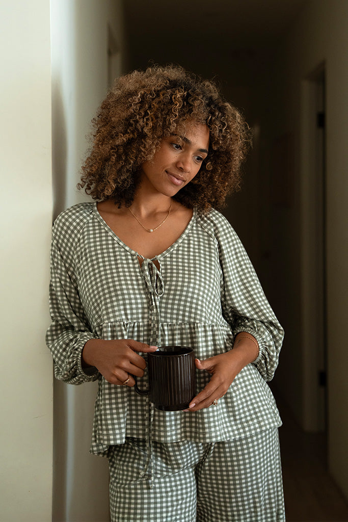 Green Gingham Tie-Top Long-Sleeve Women's Sleep Set - Image 2