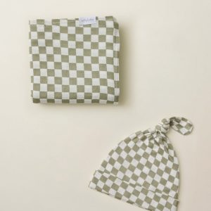 Sage Chequer Swaddle + Hat Set