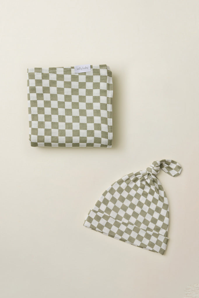 Sage Chequer Swaddle + Hat Set